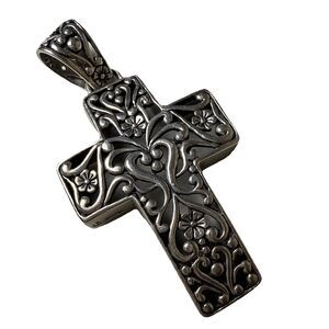 Carolyn Pollack Sterling Silver 925 Floral Heart‎ Filigree Scroll Cross Pendant